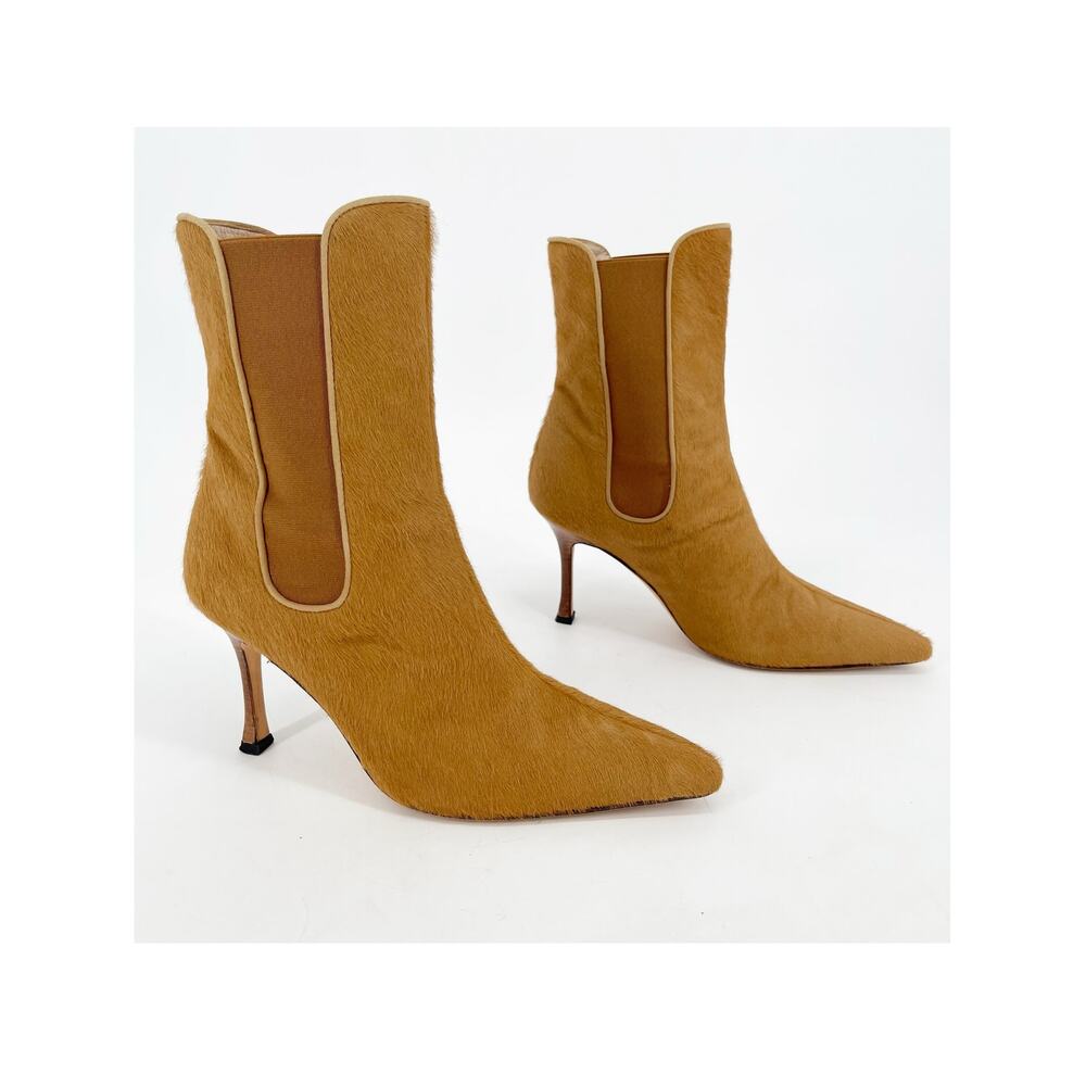 Manolo Blahnik Vintage Ponyhair Camel Brown Heeled Chelsea Ankle Boots IT 37
